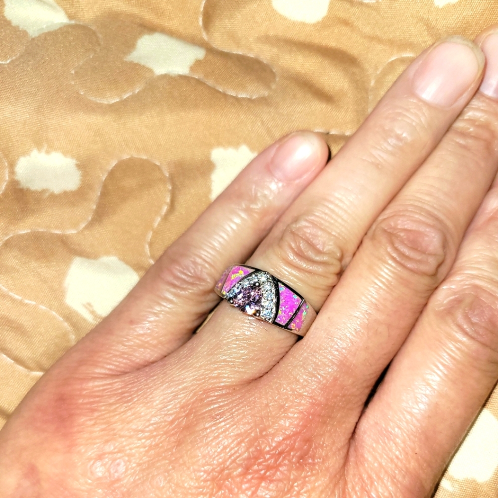 18k Plated White Gold Ring With Pink Topaz And Synthetic Pink Fire Opals
